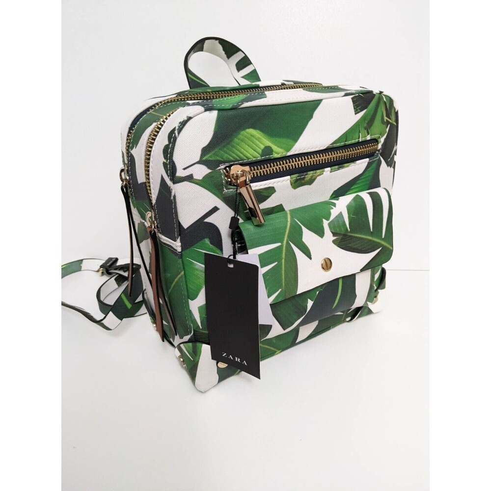 Zara Small Backpack, Square, white w/ palm leaves, large interior Summer Mini